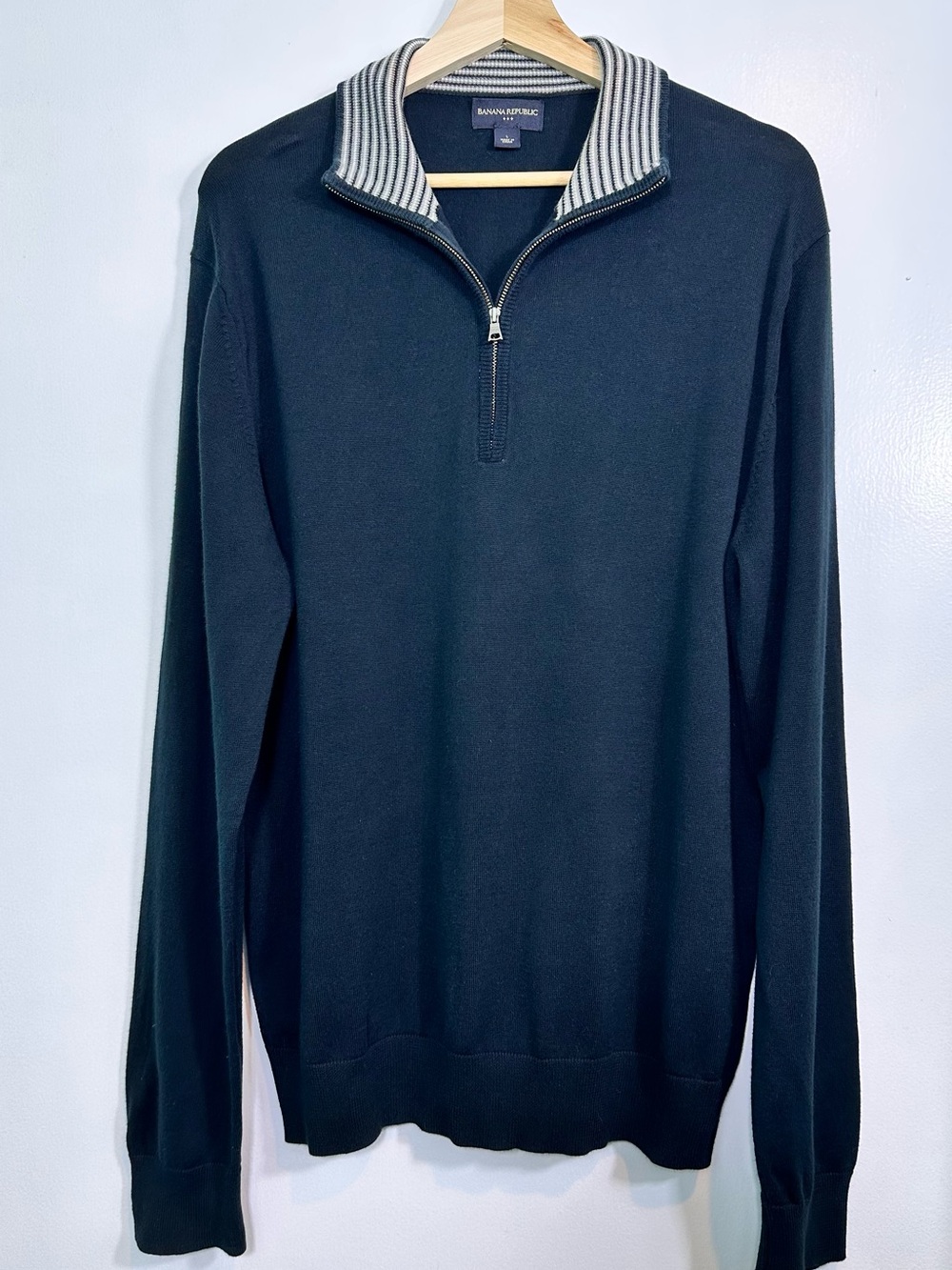 Banana Republic Men’s Navy Zip-Up Sweater with Striped Collar